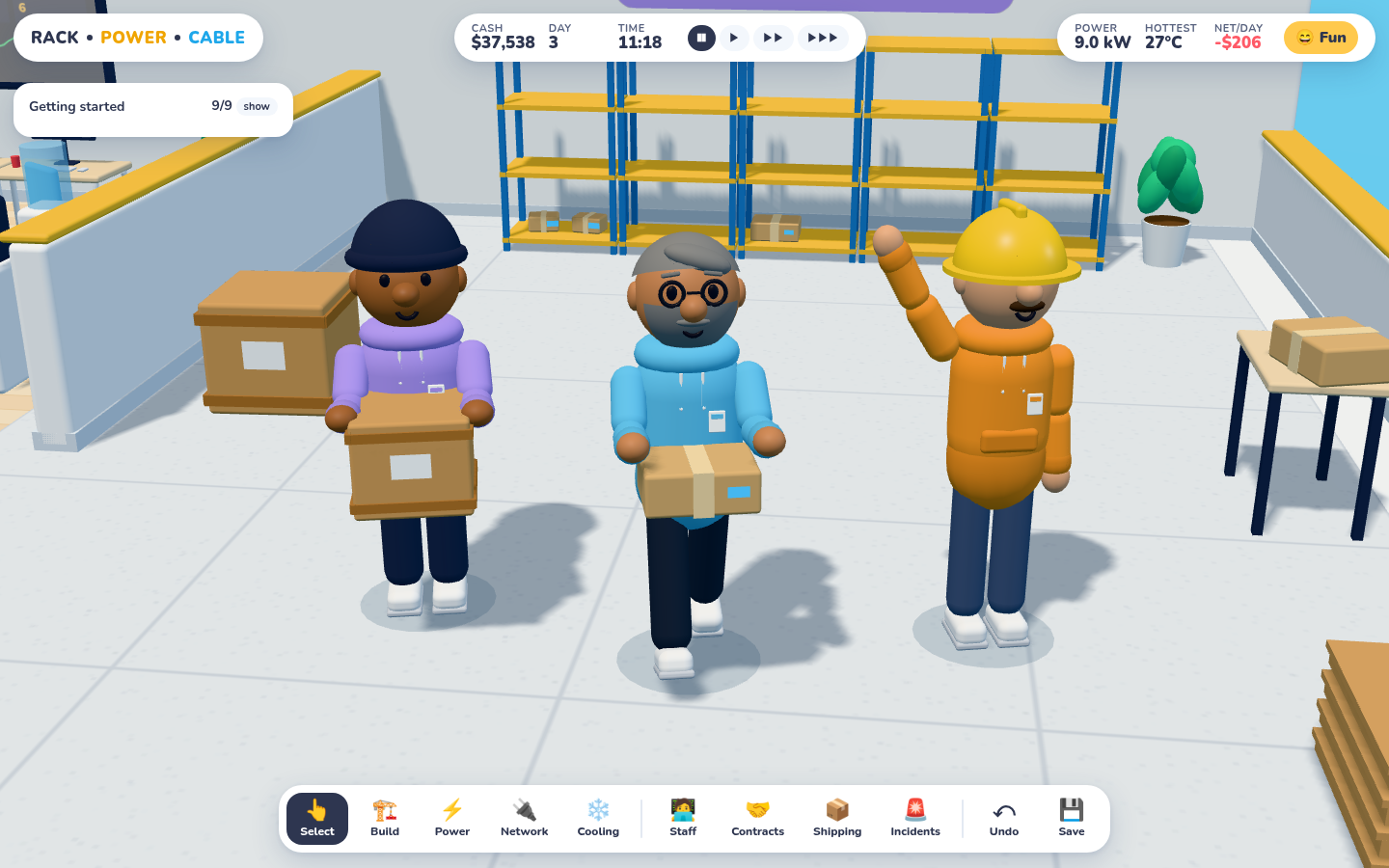 Three workers in receiving: a Shipping Clerk in a purple hoodie carrying a wooden crate, a Sysadmin carrying a cardboard server box, and a Facilities Tech waving.