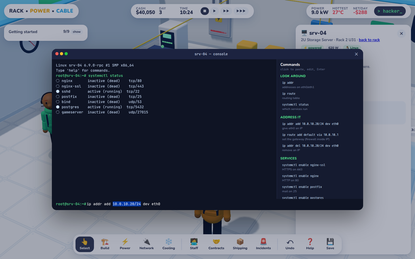 The srv-04 console with systemctl output and a Commands cheat sheet on the right grouped into Look around, Address it, Services and Test.