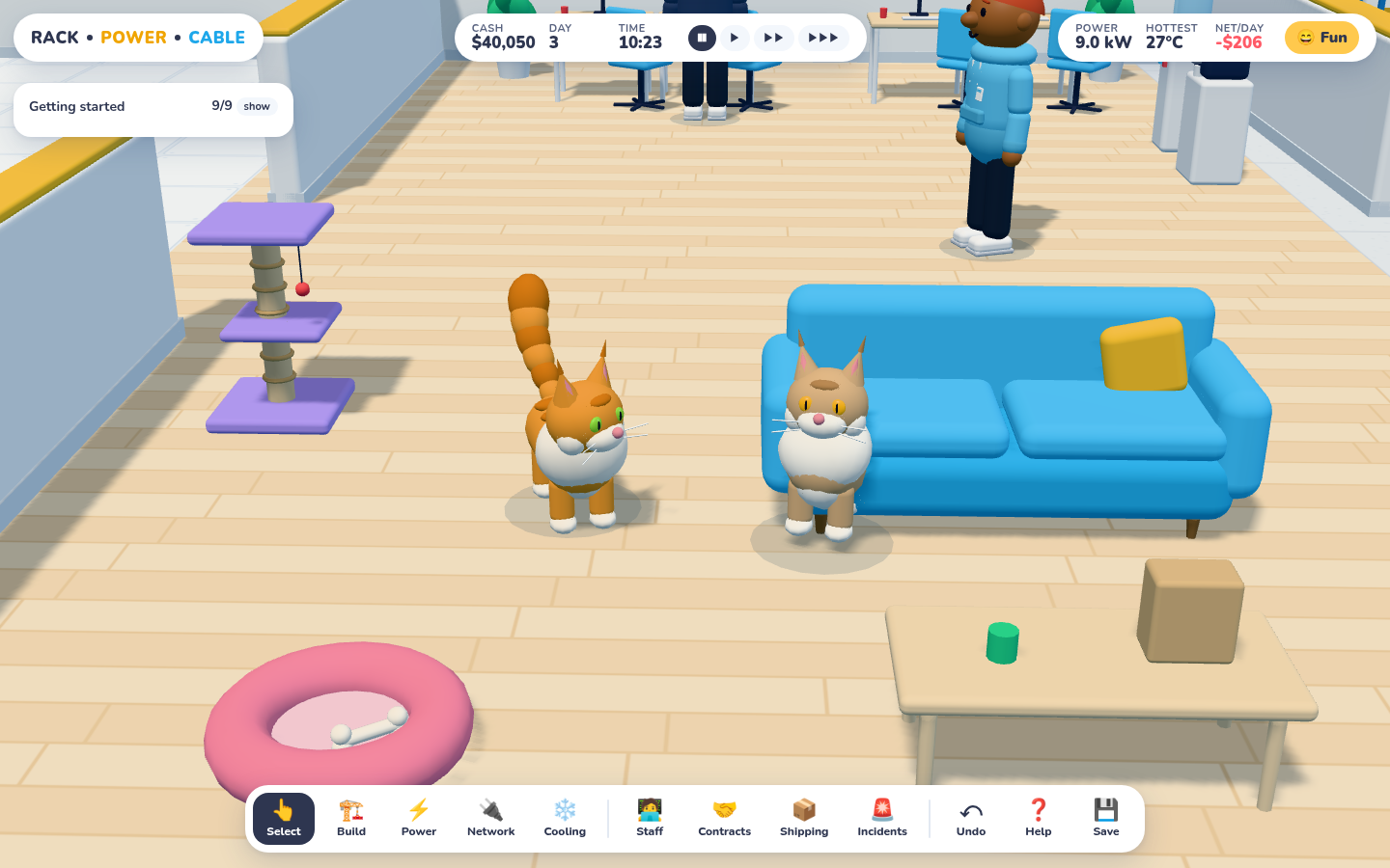 Two fluffy Maine Coon cats in the office: an orange-and-white one standing with a big striped tail, and a tan-and-white one sitting by the blue couch. A purple carpeted cat tree stands nearby.