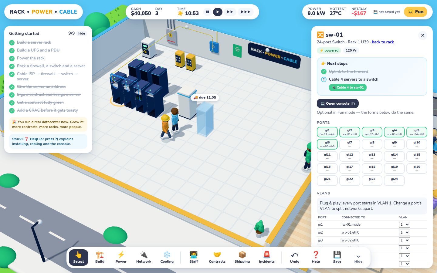 The desktop game with a switch selected: a Next steps card shows 'Uplink to the firewall' ticked off and 'Cable 4 servers to a switch' as the current step, with a green 'Cable 4 to sw-01' button.
