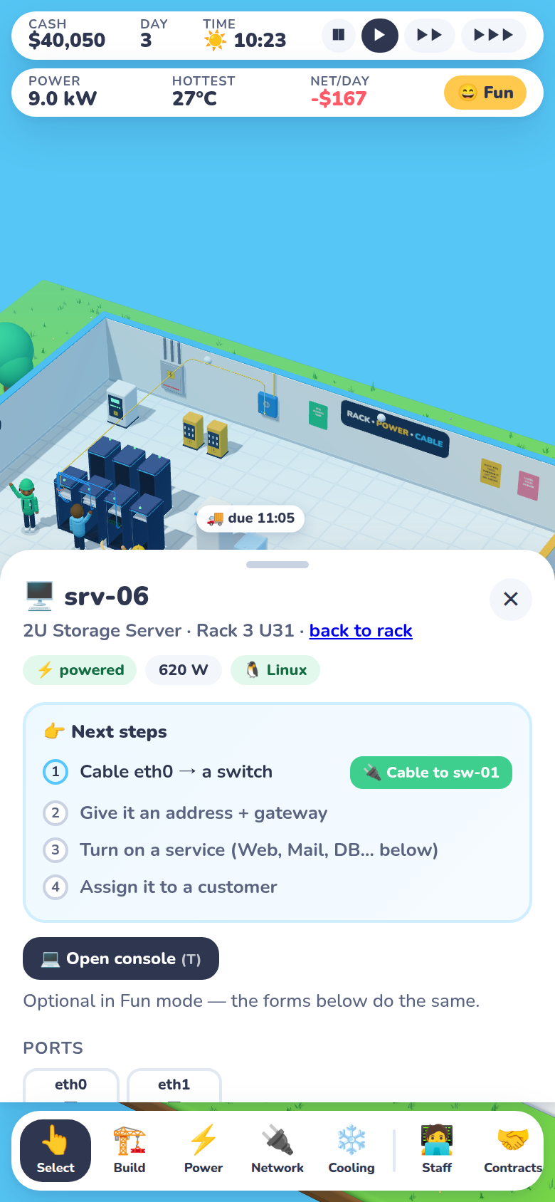 The game on a phone in portrait: a two-row stats bar at the top, the server room in the middle, and a bottom sheet for srv-06 showing its Next steps checklist above a scrolling dock.